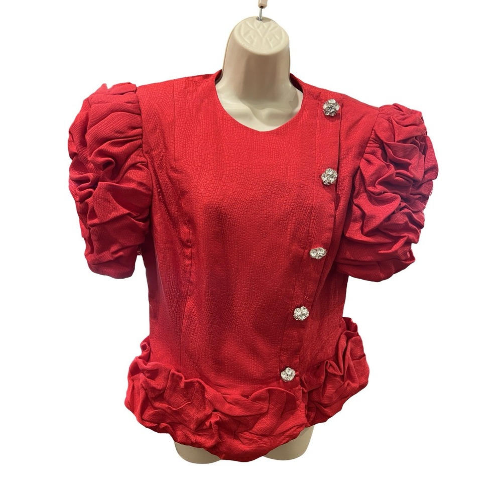 Vintage 80s Lillie Rubin Red Silk Statement Top Blazer Ruched Puff Sleeves Sz 12
